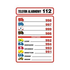 Tabliczka telefonów alarmowych na płycie PCV 210x148 mm nieświecący