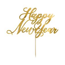 Topper na Tort Happy New Year Złoty Papier Lustrzany 24cm