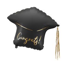 Balon Foliowy Czapka Absolwenta „Congrats!” Czarno-Złoty 60x55 cm