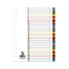 Przekładki kartonowe Q-CONNECT Mylar A4 1-31, 31 kart, laminowane indeksy, mix kolorów