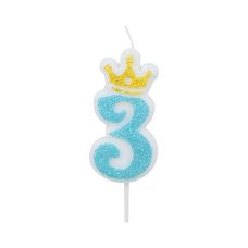 Świeczka na tort cyfra 3 z koroną niebieska wysokość 6,8 cm