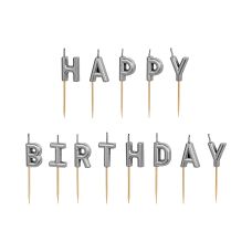 Świeczki urodzinowe Happy Birthday, srebrne, 2.5 cm, 13 sztuk