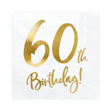 Serwetki papierowe Białe 60th Birthday 33x33cm (20 sztuk)