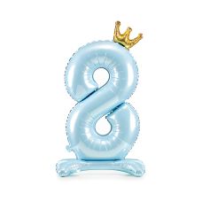 Stojący balon foliowy cyfra "8" błękitny ze złotą koroną, 84 cm