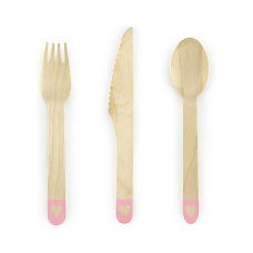 Sztućce Drewniane z Nadrukiem Serca Różowe 16cm (18 sztuk)