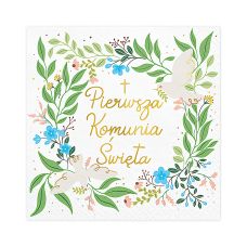 Serwetki papierowe Pierwsza Komunia Święta 33x33 cm białe ze złotym napisem 20 sztuk