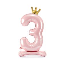 Stojący Balon Foliowy Cyfra 3 Jasnoróżowy z Koroną 84 cm
