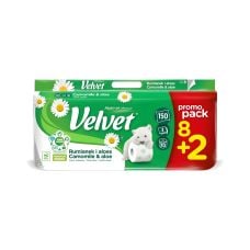 Papier Toaletowy celulozowy VELVET z rumiankiem i aloesem 3-warstwowy biały 8+2 sztuki
