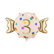 Balon Foliowy Cukierek Cyfra 3 Beżowo-Złoty 61x37 cm